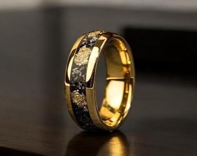 Meteorite Gold Leaf Flakes Wedding Band, Crushed Meteorite & Gold Ring, Men Wedding Band, Tungsten Ring, Men Ring, Promise Ring, Gold Ring
