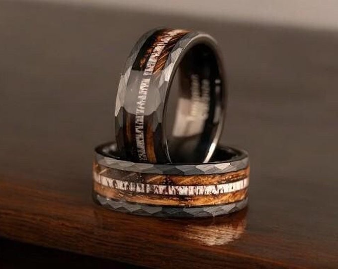 Deer Antler & Charred Whiskey Barrel Wood Ring | Black Hammered Tungsten Antler Ring | Comfort Fit | 8mm Wedding Band | Free Wooden Box