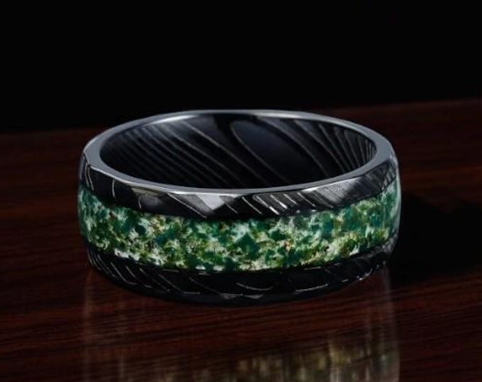 Black Damascus Ring With Moss Agate Inlay | Amethyst Inlay | Galaxy Sandstone Inlay | Amethyst & Gold Leaf Inlay | Nebula Inlay | 8mm | Dome