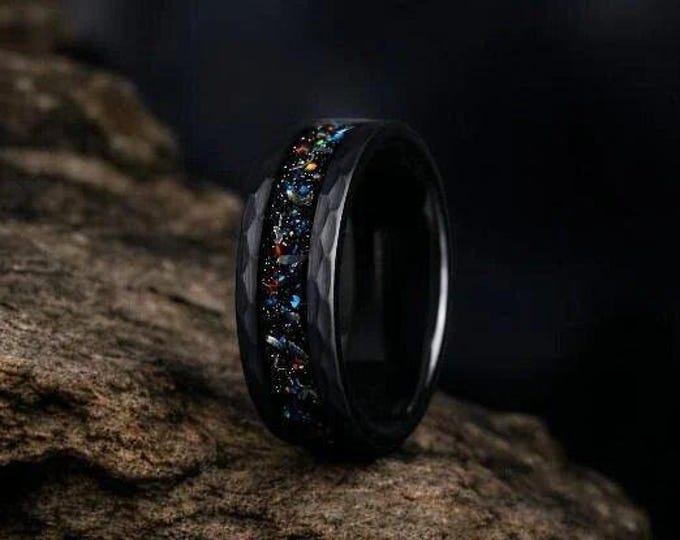 Galaxy Opal & Meteorite In a Black Tungsten | Hammered Wedding Ring | Gift For Him | Gift For Her | 4mm, 8mm Black Ring | Couple Ring Set