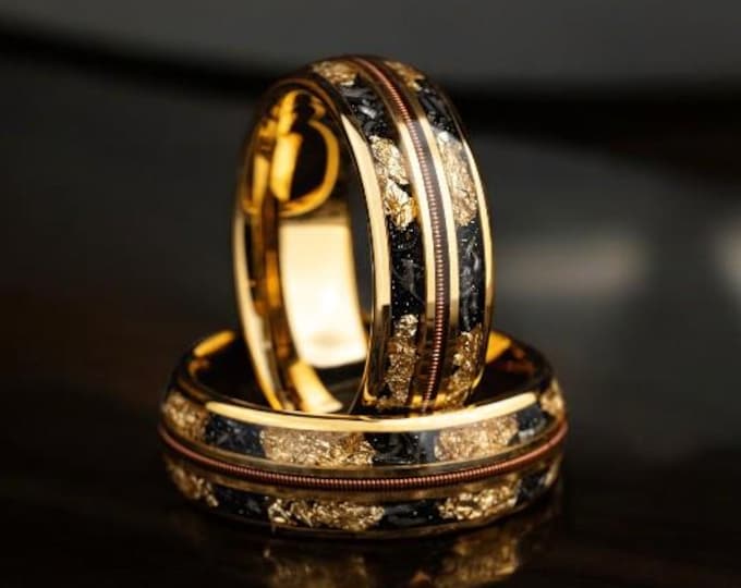 Meteorite & Gold Leaf Ring | Guitar String Men Wedding Ring | Anniversary Ring Him | Musician Ring | Comfort Fit | Gold Guitarist Ring 8mm