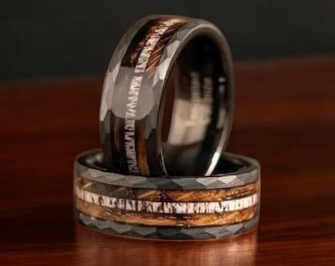 Deer Antler & Charred Whiskey Barrel Wood Ring | Black Hammered Tungsten Antler Ring | Comfort Fit | 8mm Wedding Band | Free Wooden Box