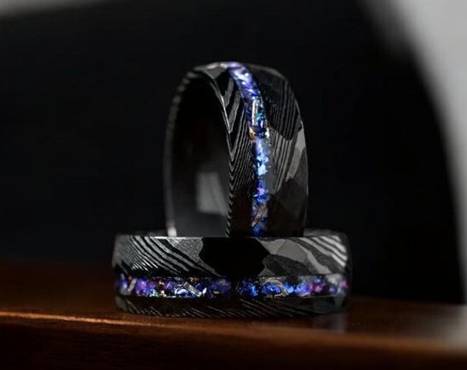 Black Damascus Rings, Meteorite Ring, Damascus Steel Ring, Hammered Black Ring, Mens Wedding Ring, Mens Wedding Band, Mens Ring, 8mm Rings