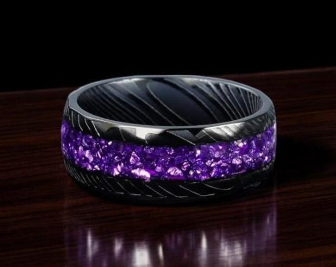 Amethyst | Black Damascus Ring | Purple Stone Wedding Band | Amethyst Inlay Damascus Ring | Black Hammered Damascus Ring | Made in the USA |