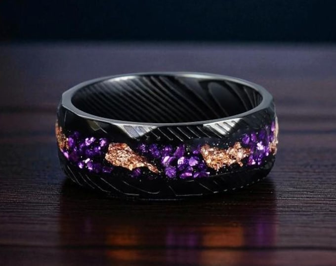 Damascus Steel Ring, Black Hammered Ring, Amethyst Rose Gold Leaf Rings, Purple Amethyst Ring,  Promise Rings, 8mm Damascus Steel Band