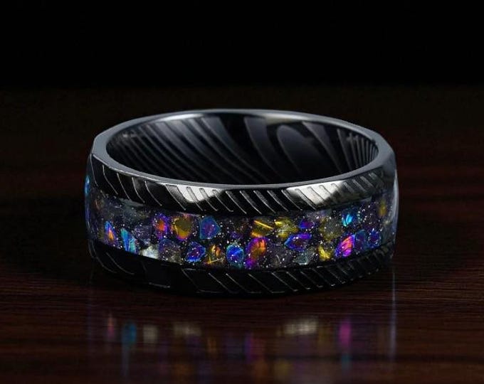 Nebula | Black Damascus Ring | Nebula Wedding Band | Outer Space Ring for Men | Black Hammered Damascus Ring | Black Nebula Ring | 8mm Ring