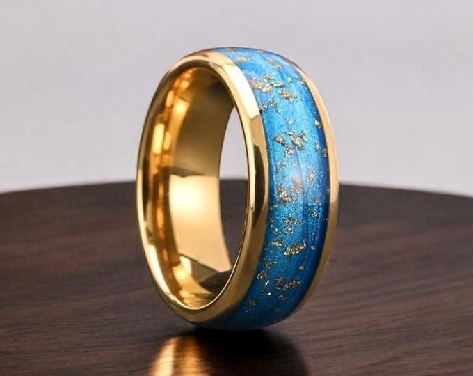 Gold Foil Tungsten Wedding Band | 8mm Gold Wedding Band | Gold Tungsten Blue Ring | Gift For Him | Gold Accent| Unique Men Band| Couple Ring