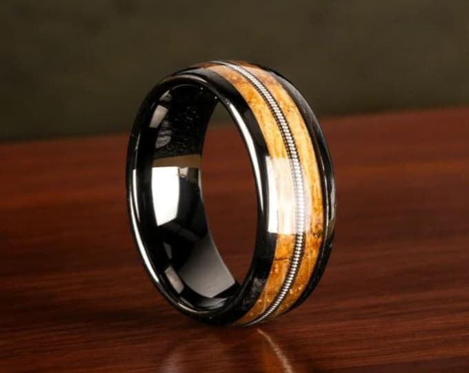 Whiskey Barrel & Guitar String Ring, Guitar String Ring, Wooden Inlay Band, Whiskey Barrel Ring, Black Tungsten Band, Ring For Him, 8mm Ring