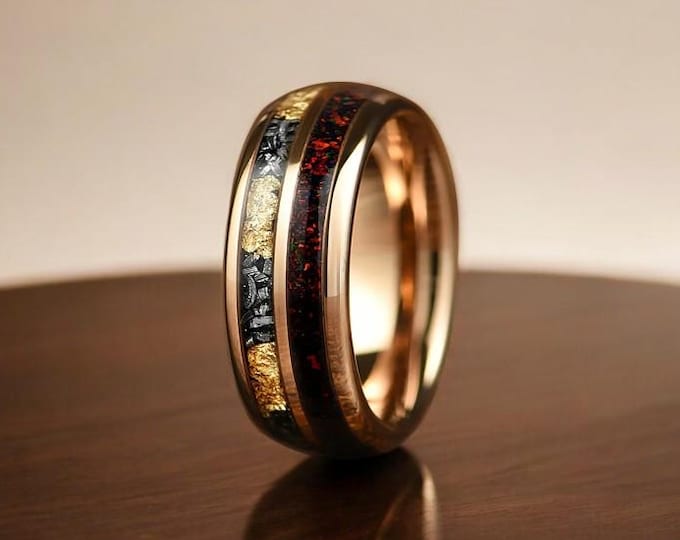 Red Crushed Opal With Meteorite Gold Leaf Tungsten Ring | Rose Gold & Meteorite Wedding Band | Red Nebula Ring | Opal Unique Ring | 8mm Band