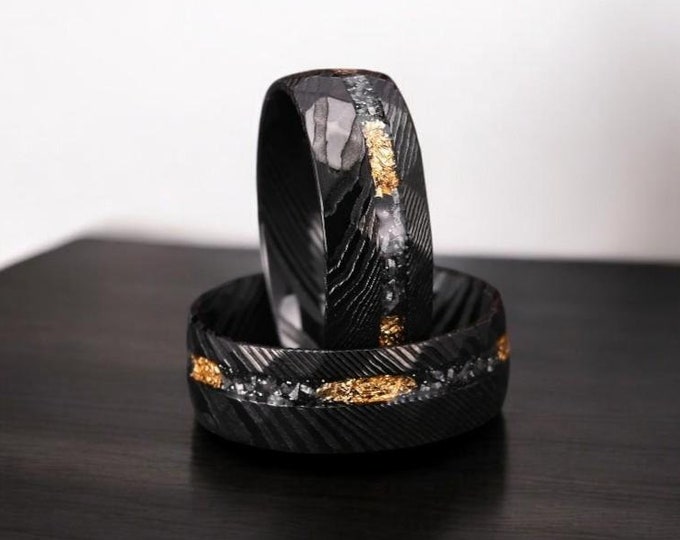 Black Damascus Gold Meteorite Tungsten Ring , Black Hammered Band , Real Meteor Bands, Men Wedding Bands, Couple Promise Ring, 8mm Bands