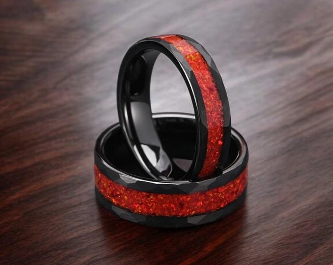 Crushed Red Fire Opal Wedding Band | Black Tungsten Red Wedding Ring | Hammered Wedding Band | Opal Tungsten Ring | Gift For Him | Red Bands