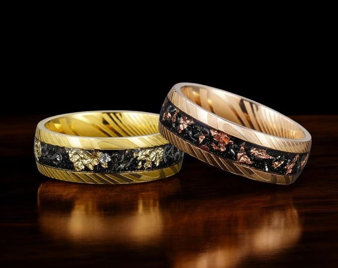 Hammered Damascus Gold & Rose Gold Leaf Inlay: Men Tungsten Ring, Wedding Bands