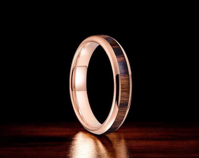 Rosewood | Rose Gold Tungsten Ring | Thin Wedding Band | Wood Inlay Jewelry | Comfort Fit | 4mm Ring Anniversary Bands | 4mm Rosewood Ring |