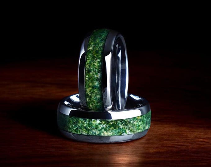 Moss Agate Tungsten Wedding Ring: Eco-Friendly Silver Inlay, Anniversary Ring
