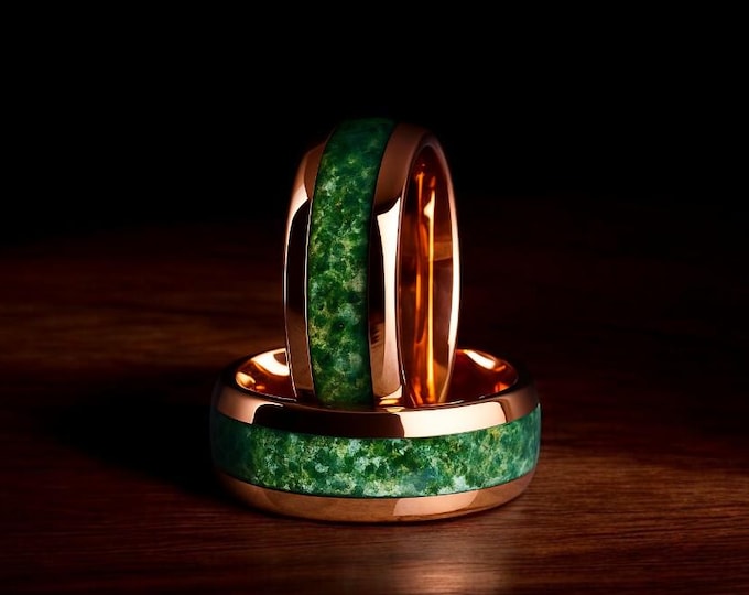Moss Agate Rose Gold Tungsten Ring: Eco-Friendly Wedding Band