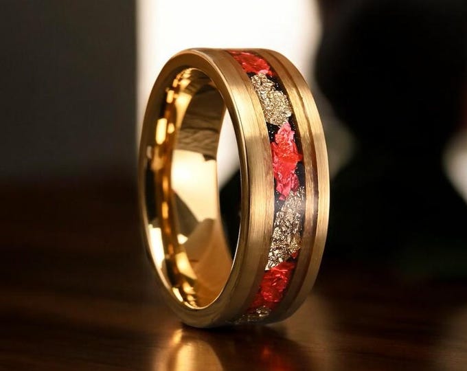 Red & Gold Leaf Brushed Gold Tungsten Ring | Gold Tungsten Wedding Ring | Red Wedding Ring | Ring For Anniversary | Proposal Ring | 8mm
