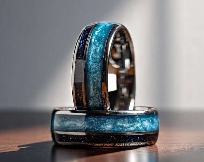Blue Sandstone & Crushed Pearl Silver Wedding Band , Cosmos Outer Space Unique Tungsten Ring, Proposal Ring Him , Promise Anniversary Ring