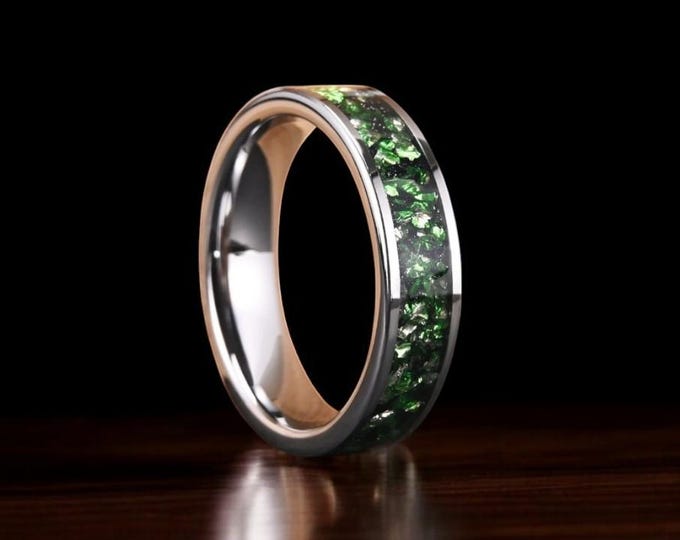 Emerald Tungsten Ring, Gemstone Wedding Band, Crushed Emerald Inlay Ring, 6MM Anniversary Band, Green Ring, Promise Ring, Men Women Band