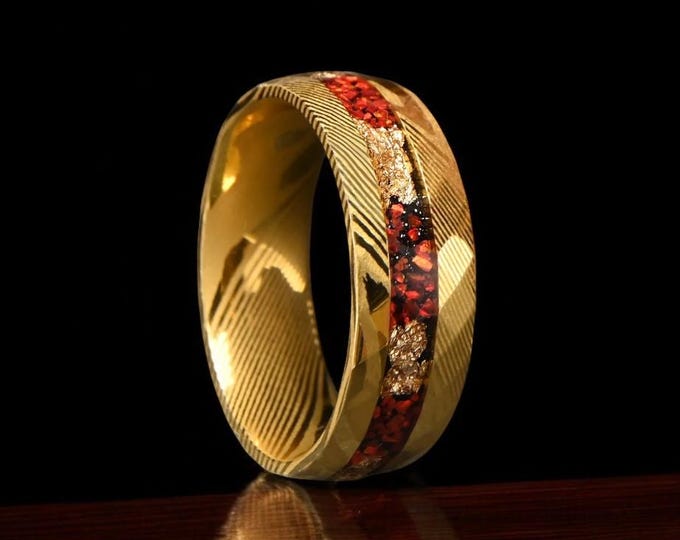 Gold Damascus & Red Opal and Gold Leaf Wedding Ring | Hammered Damascus Ring | Crushed Red Opal Ring Men Damascus Engagement Ring | 8mm Ring