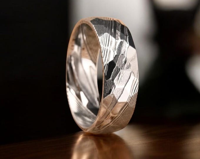8mm Hammered Silver Damascus Steel Ring | Unique Men Wedding Band | Silver Ring | Damascus Band |  Proposal Ring Him | Gift For Him