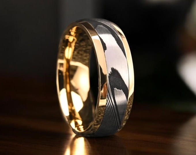 Damascus Steel Wedding Ring | Gold Men Wedding Ring | Damascus Engagement Men Wedding Band | Unique Damascus Steel Wedding Ring | 8mm Ring