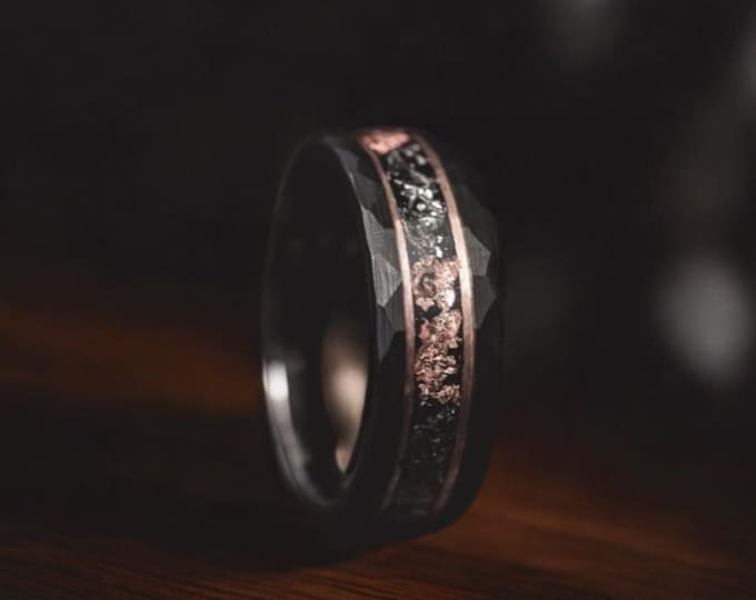 Hammered Black Tungsten Ring: Rose Gold Leaf & Meteorite Inlay