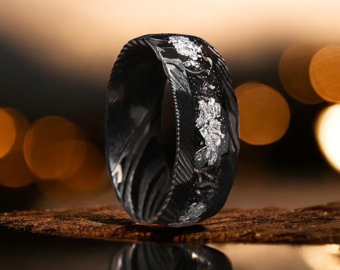 Damascus Steel with White Gold Flakes & Meteorite Men Wedding Band, Hammered Black Damascus Engagement Anniversary Ring For Him