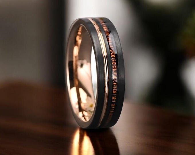 Rose Gold & Black with Rosewood Inlay and Rose Gold Groove | Tungsten Carbide Ring | Promise Ring for Men or Women | 6mm/8mm Band | Domed