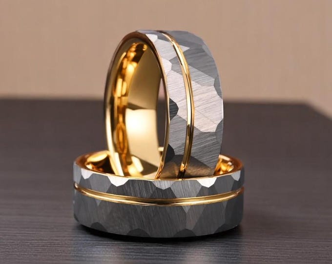 Grey Hammered Gold Groove Men Wedding Band | 8mm Tungsten Carbide Band | Yellow Gold Strip Ring | Men Engagement Ring | Brushed Men Ring