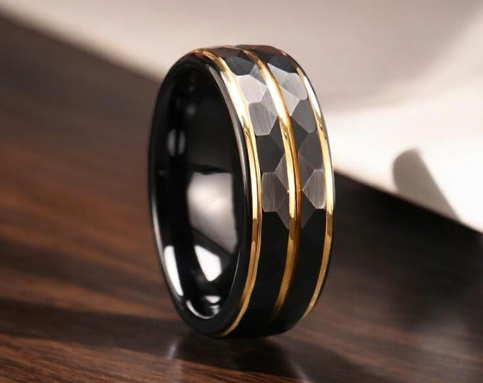 8mm Gold Grooved Tungsten Ring , Black Tungsten Ring , Men Women Wedding Ring, Wedding Band, Engagement Ring, Promise Ring , Gift For Him