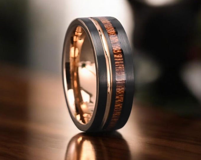 Black and Rose Gold Tungsten Band with Rosewood Inlay | Promise Ring for Him | Unique Wedding Band | Popular Ring Design | 6mm/8mm Ring