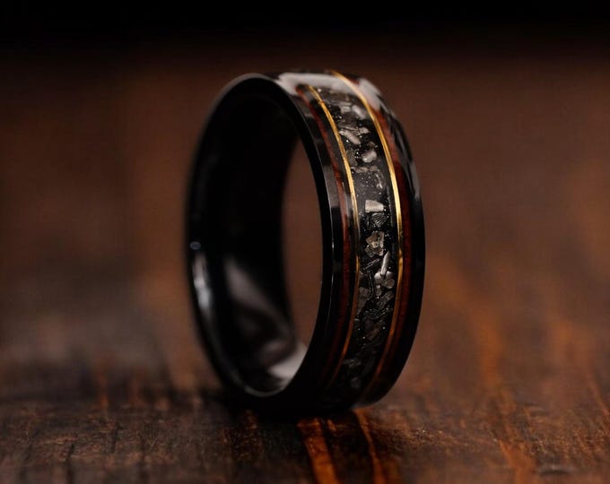Meteorite & Whiskey Barrel Inlay: Mens Black Ring, Tungsten Engagement Wooden Band, 8mm Domed