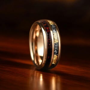 Meteorite with Gold Leaf & Dark Red Galaxy Opal Mens 6mm Rose Gold Tungsten Wedding Ring, Men Wedding Band, Cosmos Promise Ring For Him Gif