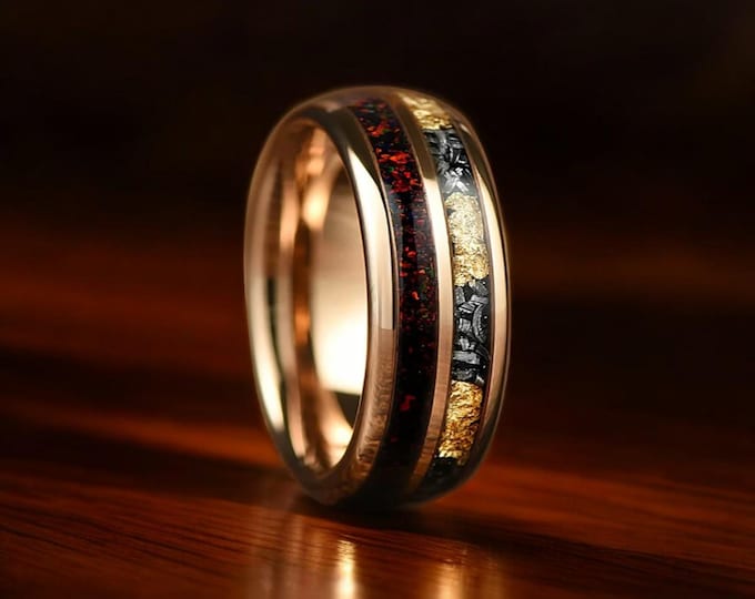 Red Opal Meteorite Tungsten Ring: Rose Gold Wedding Band, 8mm