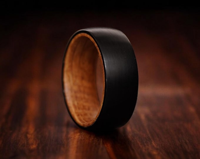 Black Brushed Whiskey Barrel Unique Ring, 8mm Mens Tungsten Wedding Bands, Unique Wood Ring, Comfort Fit, Wooden Gift For Him, Wood Jewelry
