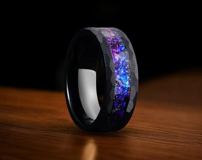 Hammered Galaxy Opal Ring: Tungsten Wedding Band, Gift For Him, 8mm