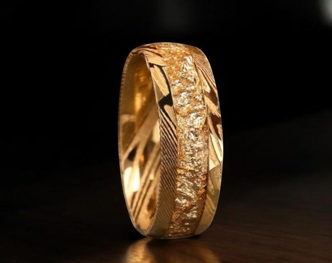 Handmade Gold Damascus Steel Ring: 18k Gold Leaf Inlay, 8mm Wedding Band