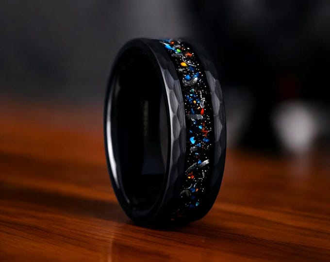 Hammered Black Tungsten Ring: Galaxy Opal & Meteorite Inlay
