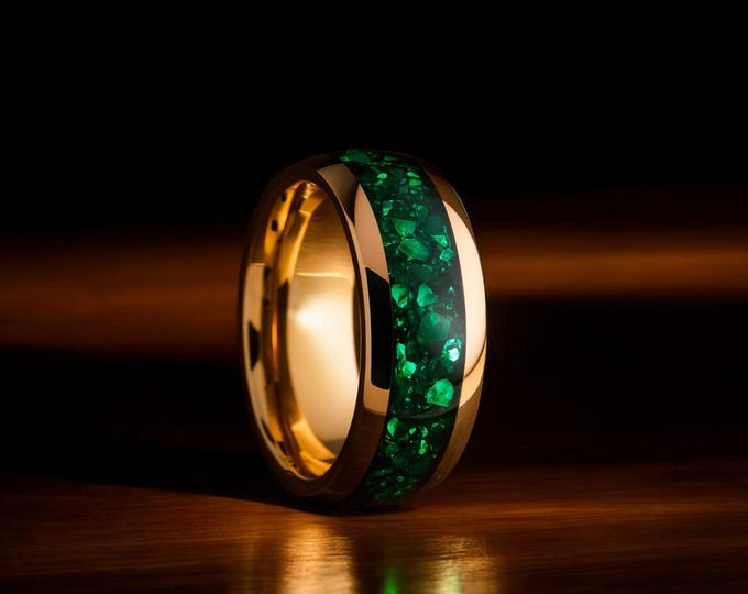 Green Emerald Gold Tungsten Ring, Women Mens Emerald Ring, Birthstone Wedding Ring, Emerald Band, Unique Tungsten Ring, Wedding Ring Sets