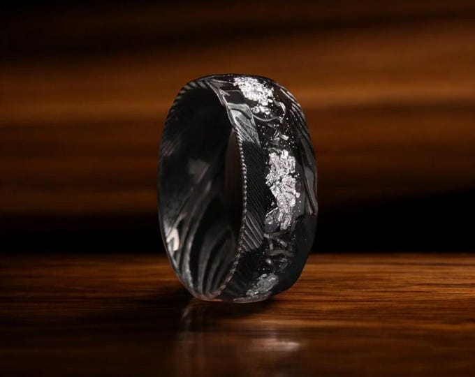 Damascus Steel Men's Wedding Band: Meteorite & Silver Leaf, Hammered Cosmos Ring