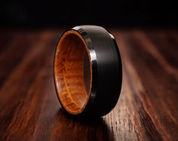 Black Whiskey Barrel, Mens Tungsten Wedding Bands, Whiskey Ring, 8mm Tungsten Ring, Tungsten Wooden Ring, Wooden Promise Ring, 8mm