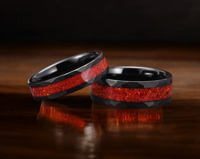 Hammered Black Tungsten Wedding Band: Crushed Red Fire Opal Inlay