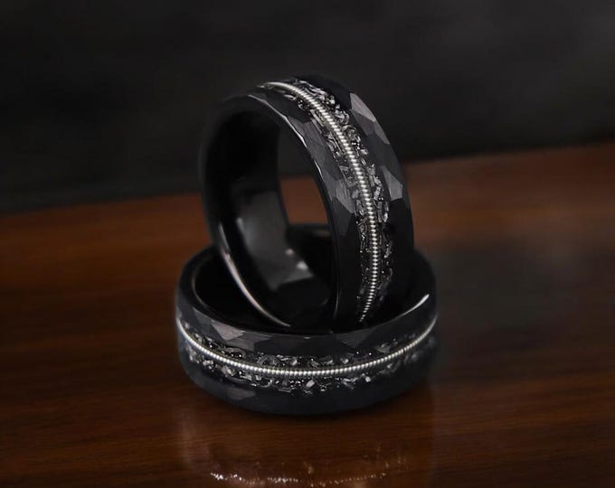 Hammered Black Tungsten Wedding Band: Meteorite Guitar String Inlay