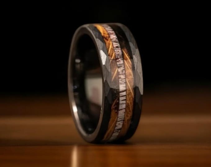 Black Hammered Tungsten Ring: Charred Whiskey Barrel Wood & Deer Antler Inlay, 8mm Wedding Band