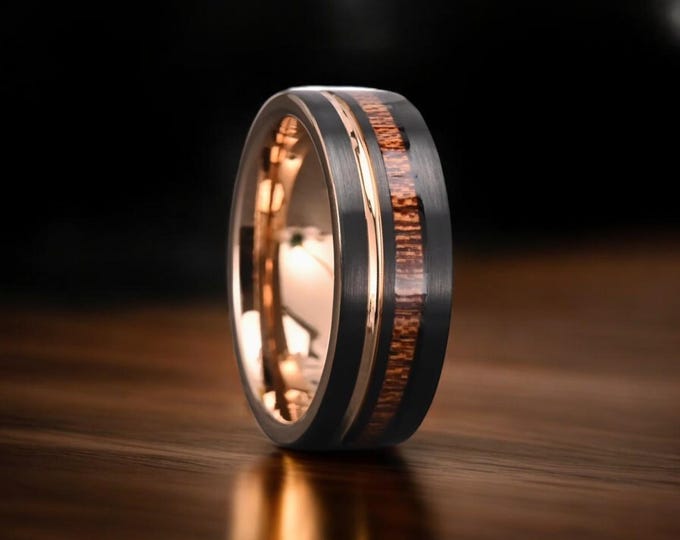 Black Tungsten Wedding Band: Rose Gold & Rosewood Inlay
