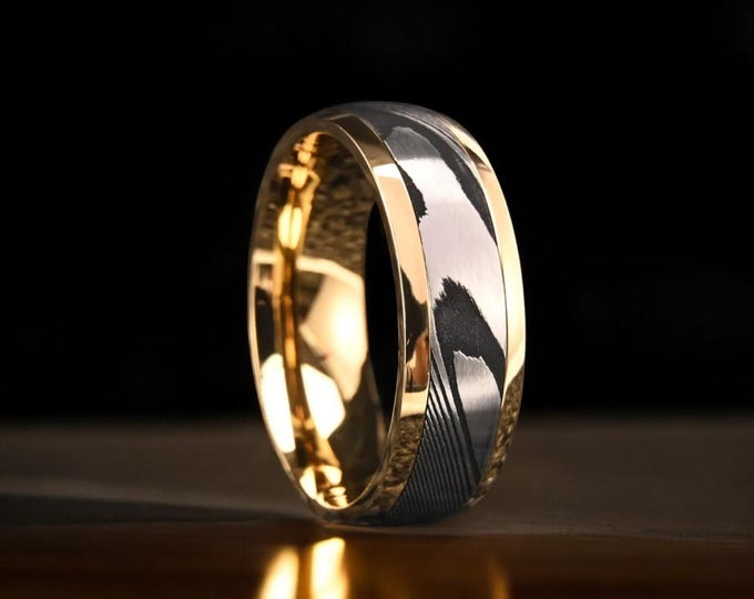 Damascus Steel Ring: Gold Ring, Comfort Fit