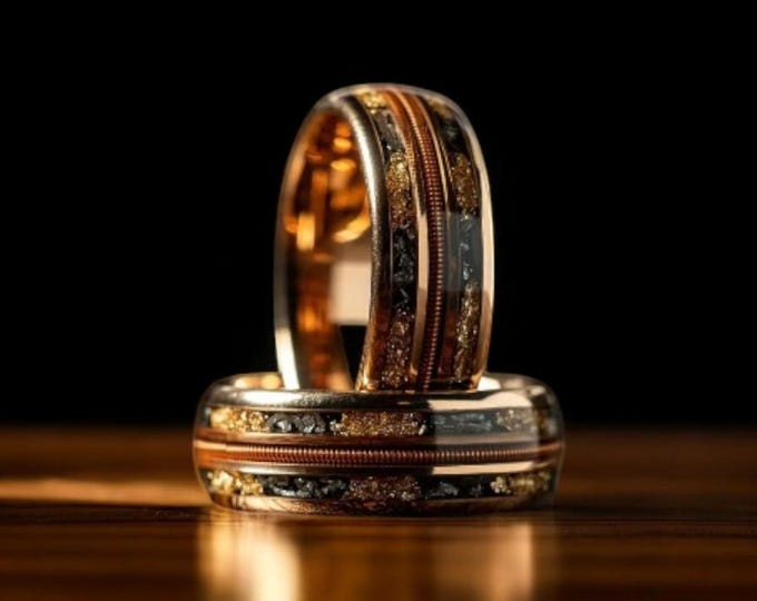 Meteorite Guitar String Tungsten Ring: Rose Gold Wedding Band, 8mm