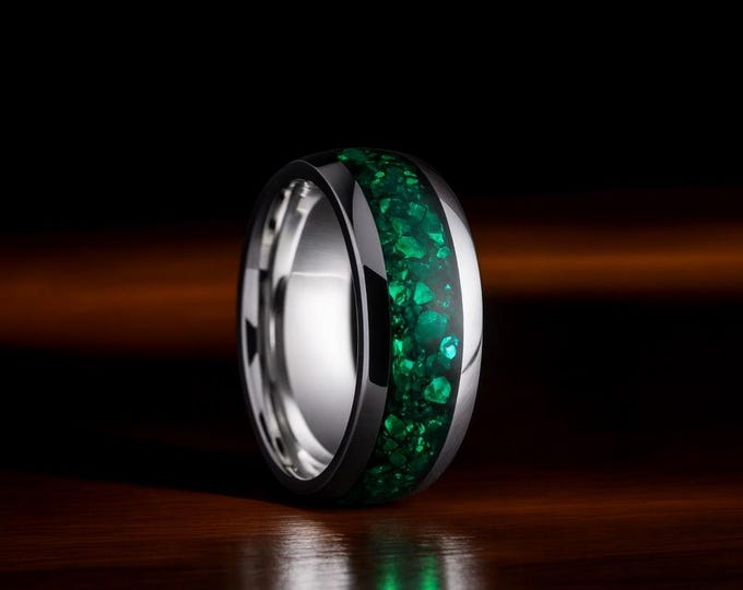 Crushed Emerald Ring, Silver Tungsten Ring, Emerald Wedding Ring, Natural Emerald Band, Unique Ring, Women Band, Mens Band, Elegant Ring