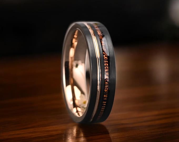 Rosewood Inlay Tungsten Carbide Ring: Rose Gold & Black Domed Band