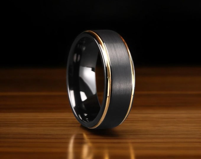 Brushed Black Tungsten Wedding Ring: 24K Gold Plated, 8mm Band